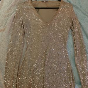 Nude Mesh Iridescent Allover Stones Dress
